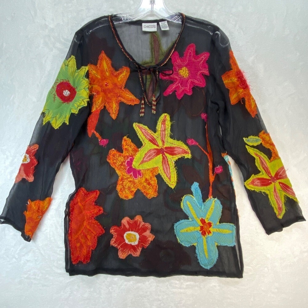 Chicos Blouse Size 0 US 6 Small Black Sheer Floral Embellished Silk Tunic